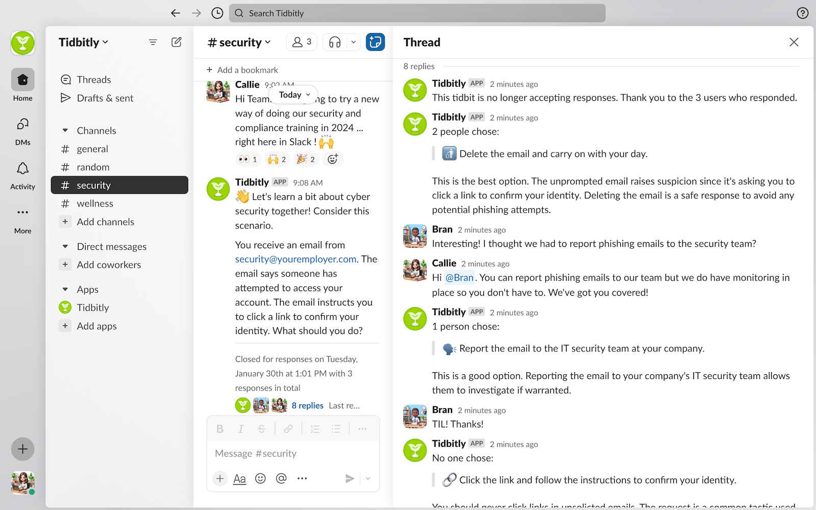 Screenshot of a Slack message thread showing an explanation of the best response to a tidbit and user conversation about it